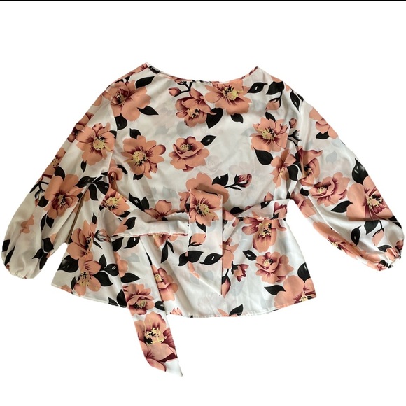SHEIN Tops - Shein Curve Blouse Top Women’s 0XL White Pink Romantic Floral Tie Puff Sleeve